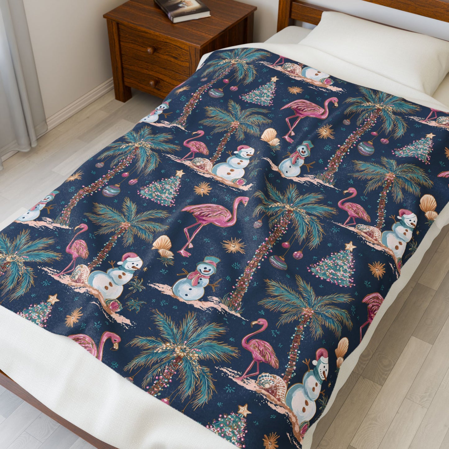 Tropical Christmas Plush Blanket — Flamingo, Palm Trees & Snowman Holiday Throw