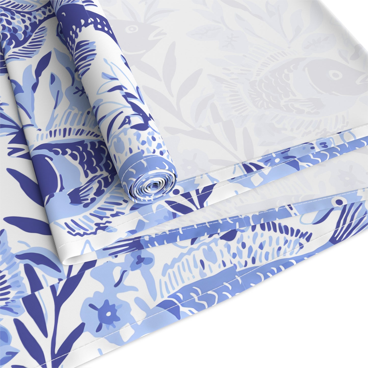 Blue Fish Pattern Navy Table Runner — Coastal Cotton-Poly Dining Decor