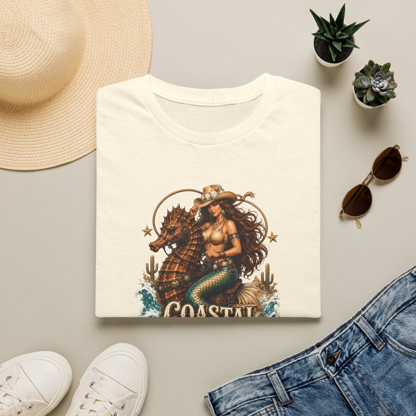 Coastal Cowgirl Mermaid T-Shirt — Western Beach Sea Horse Graphic Tee