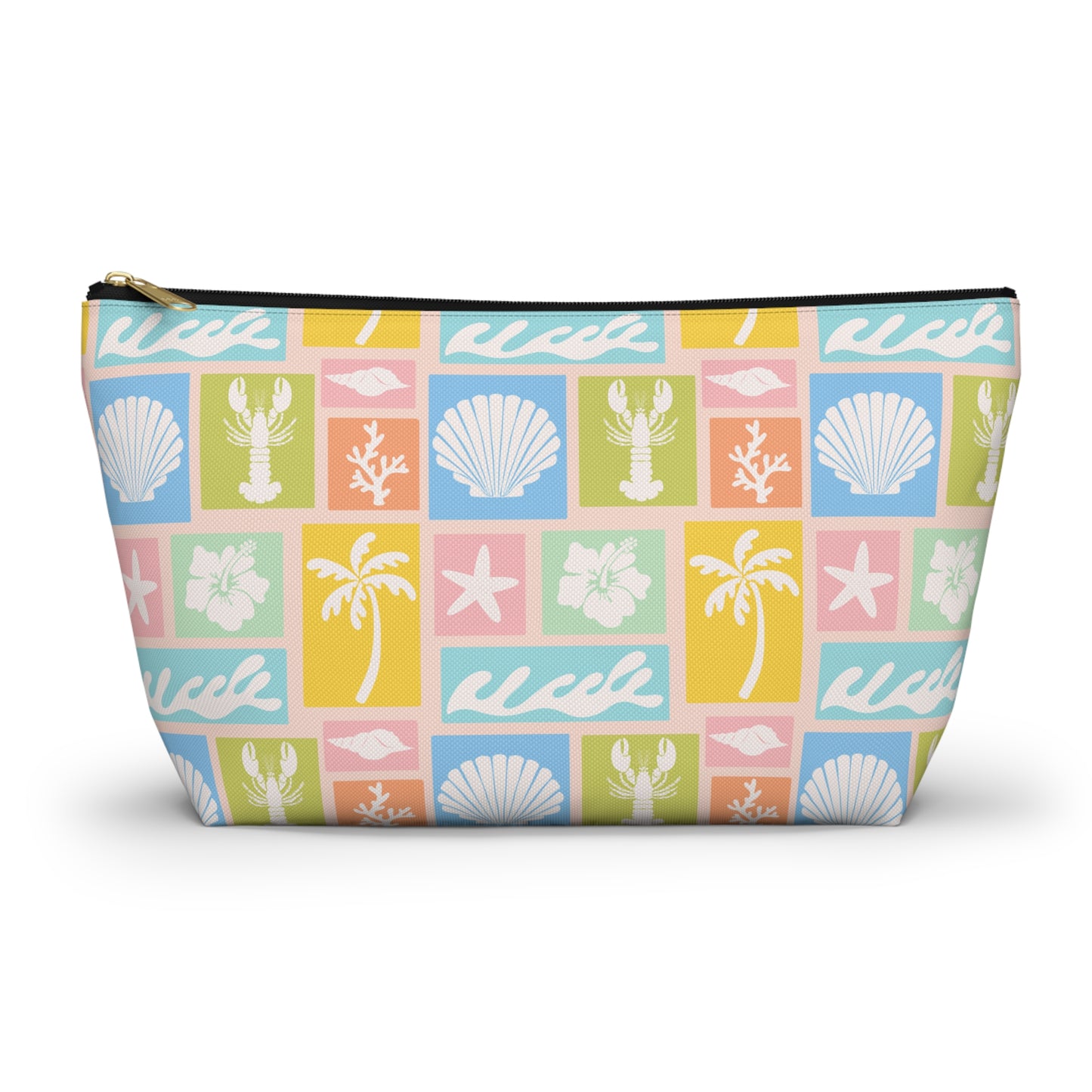 Seaside Patchwork Accessory Pouch — Pastel Beach Shell & Palm Makeup Bag