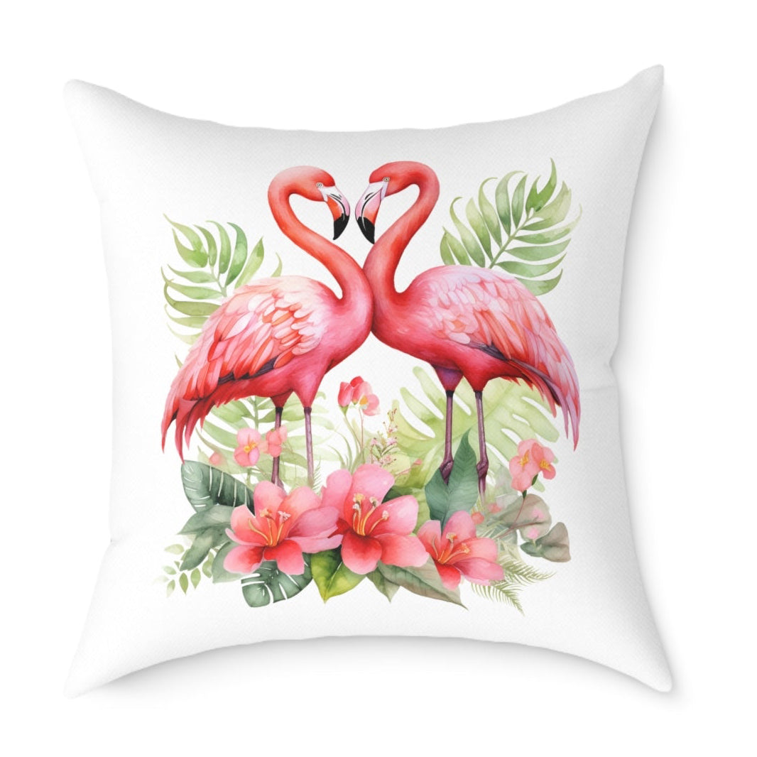 Flamingo Love Square Pillow — Tropical Hibiscus Decorative Throw Pillow
