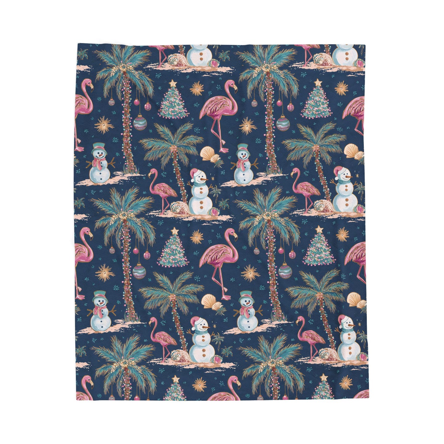 Tropical Christmas Plush Blanket — Flamingo, Palm Trees & Snowman Holiday Throw