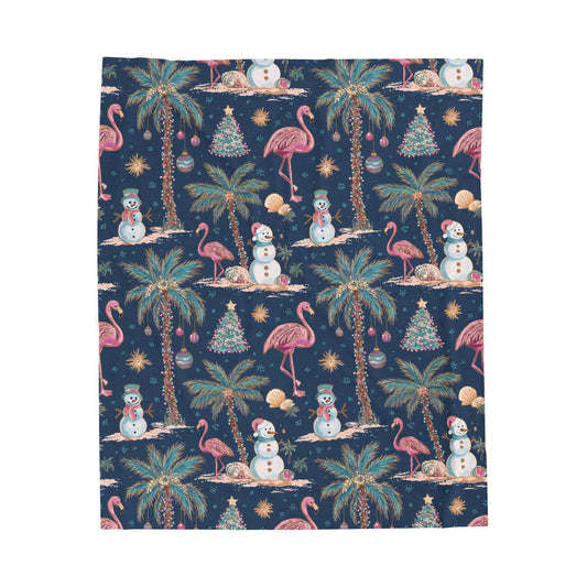 Tropical Christmas Plush Blanket — Flamingo, Palm Trees & Snowman Holiday Throw