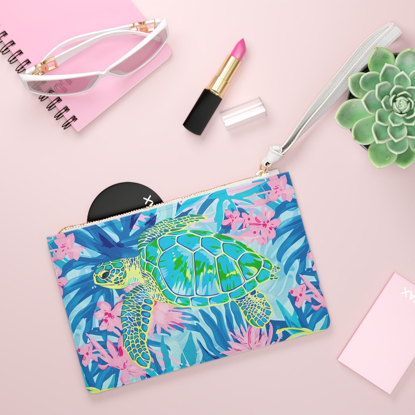 Sea Turtle Floral Clutch — Tropical Beach Wristlet Purse