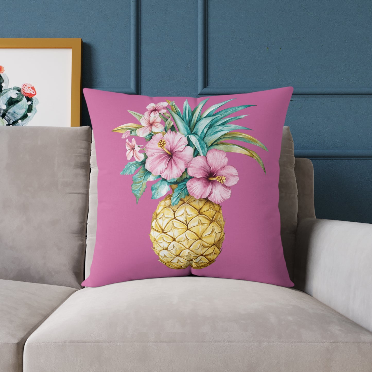 Pineapple Hibiscus Square Pillow — Tropical Floral Decorative Throw Pillow
