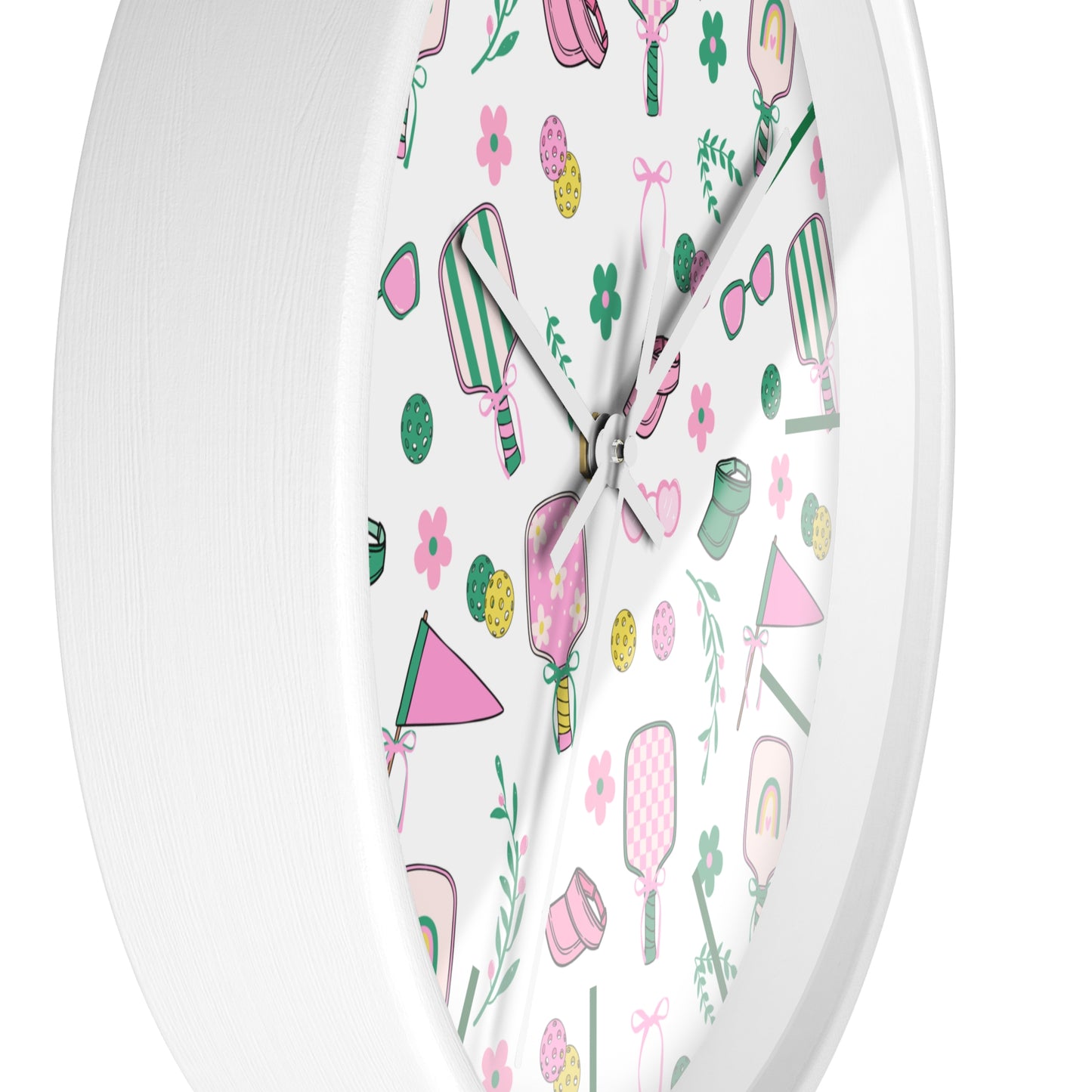 Preppy Pickleball Pattern Wall Clock – Cute Pink & Green Paddle Design