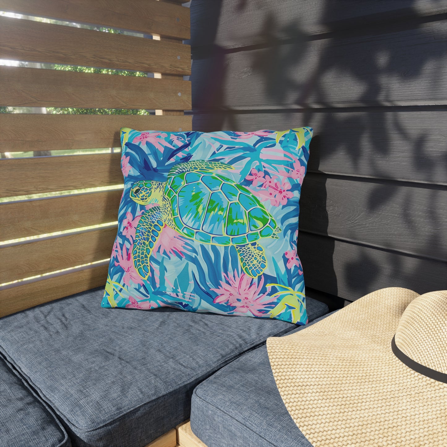 Sea Turtle Tropical Outdoor Pillow — Vibrant Coastal Patio Throw