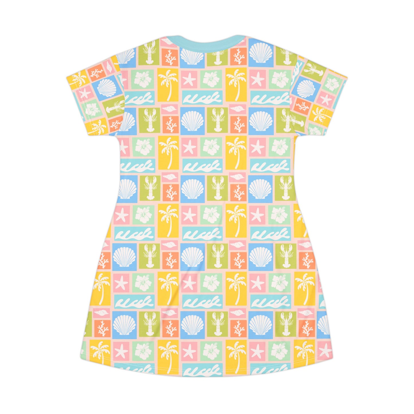 Beach Tile T-Shirt Dress — Seashell, Palm & Starfish Colorful Print
