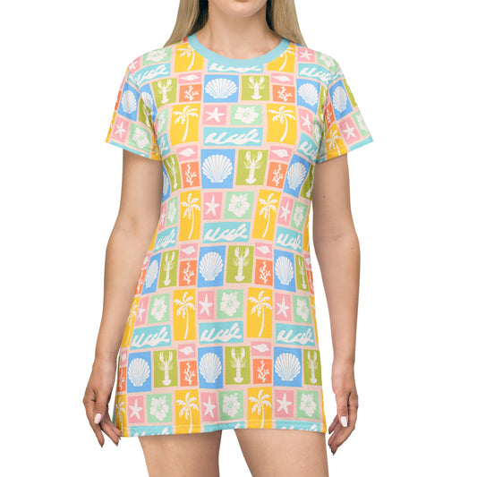 Beach Tile T-Shirt Dress — Seashell, Palm & Starfish Colorful Print