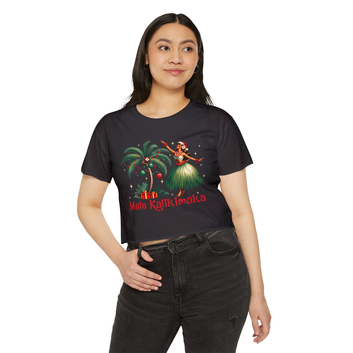 Aloha Christmas Retro Hawaiian Style Mele Kalikimaka Hula Girl Crop Top T-Shirt