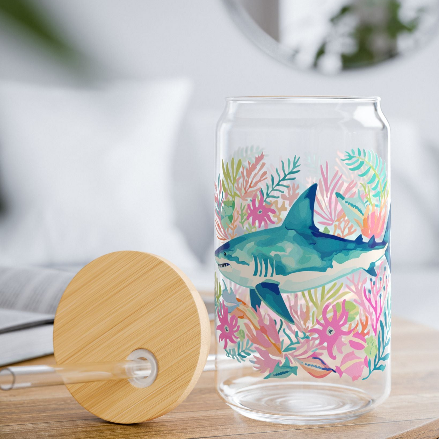 Eco-Friendly Summer Drinkware, Tropical Sipper Glass, 16oz | Shark Design, Party Accessory, Gift for Sea Life Ocean Lovers
