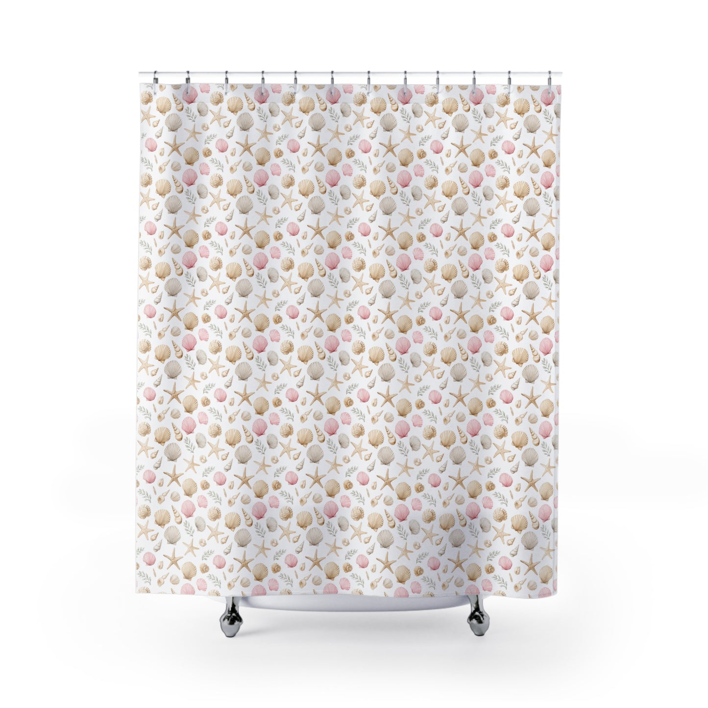 Seashell Pattern Shower Curtain — Beachy Starfish & Pink Shells Bathroom Decor