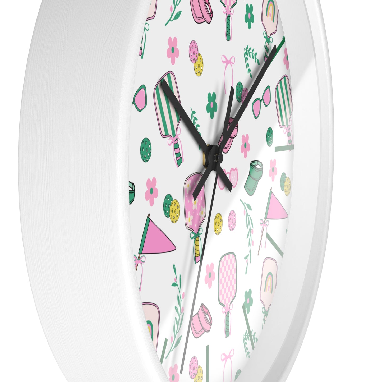 Preppy Pickleball Pattern Wall Clock – Cute Pink & Green Paddle Design