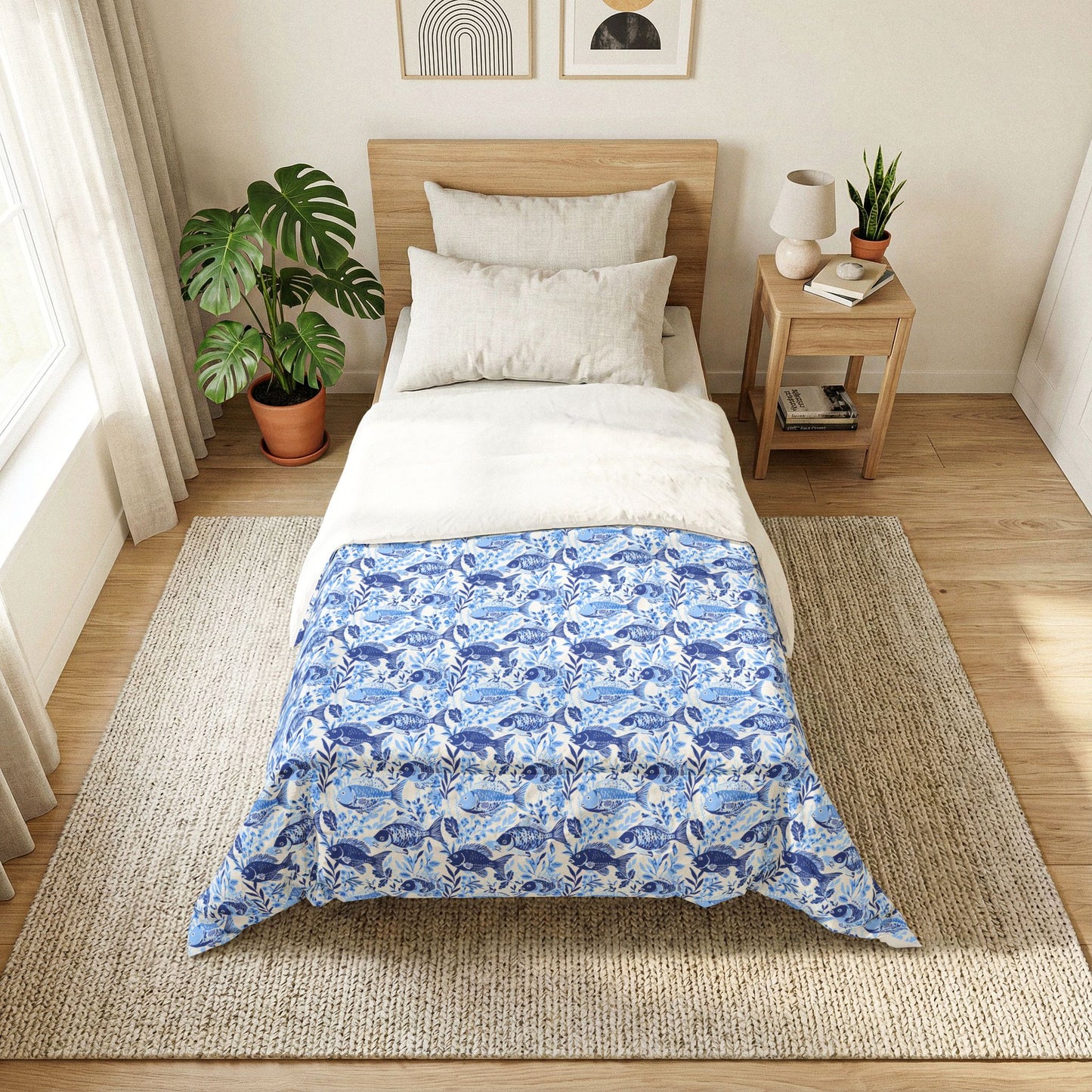 Blue Watercolor Fish Comforter — Lightweight Cotton Bedspread with Chinoiserie Style Floral Pattern