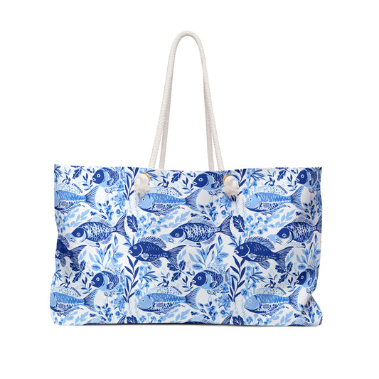 Fish Pattern Weekender Bag — Blue Nautical Overnight Tote