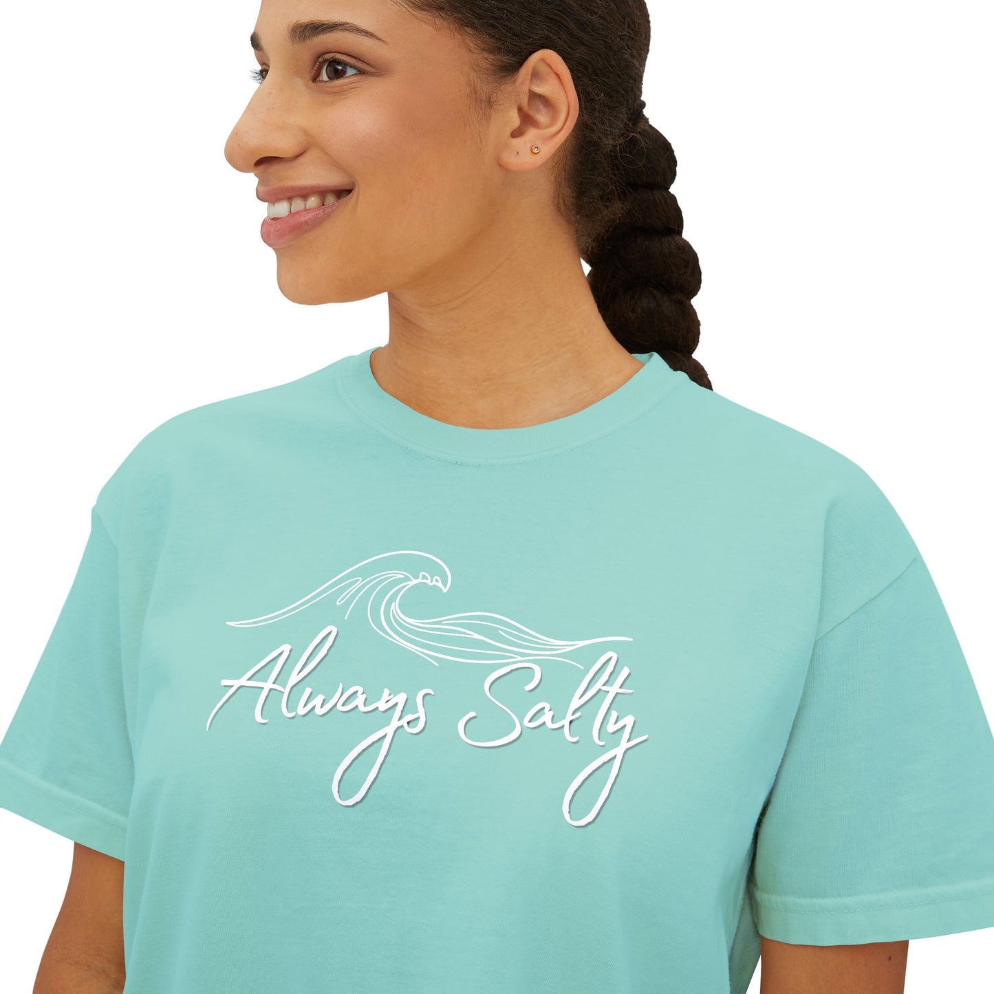 Women's Tee — "Always Salty" Wave Graphic Boxy Crop T-Shirt