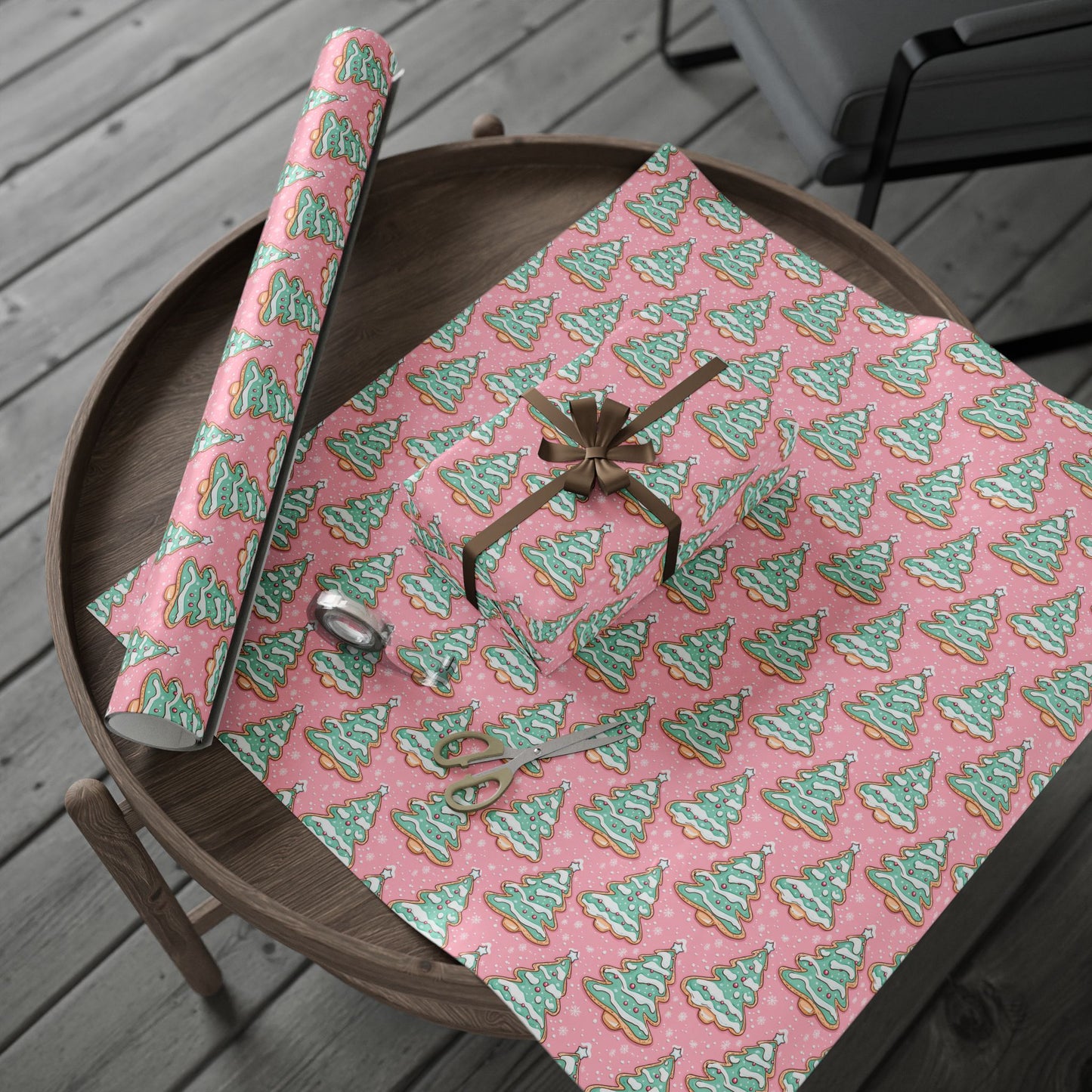 Christmas Tree Cookie Pink and Mint Green Wrapping Paper Roll — Cute Pastel Holiday Gift Wrap