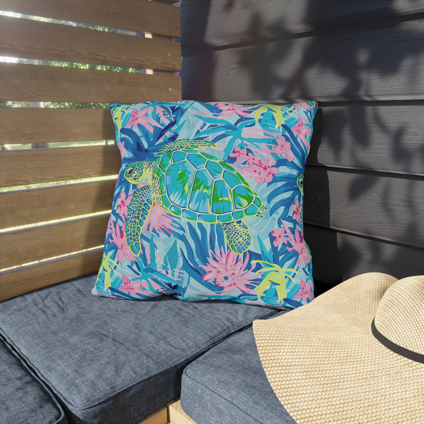 Sea Turtle Tropical Outdoor Pillow — Vibrant Coastal Patio Throw