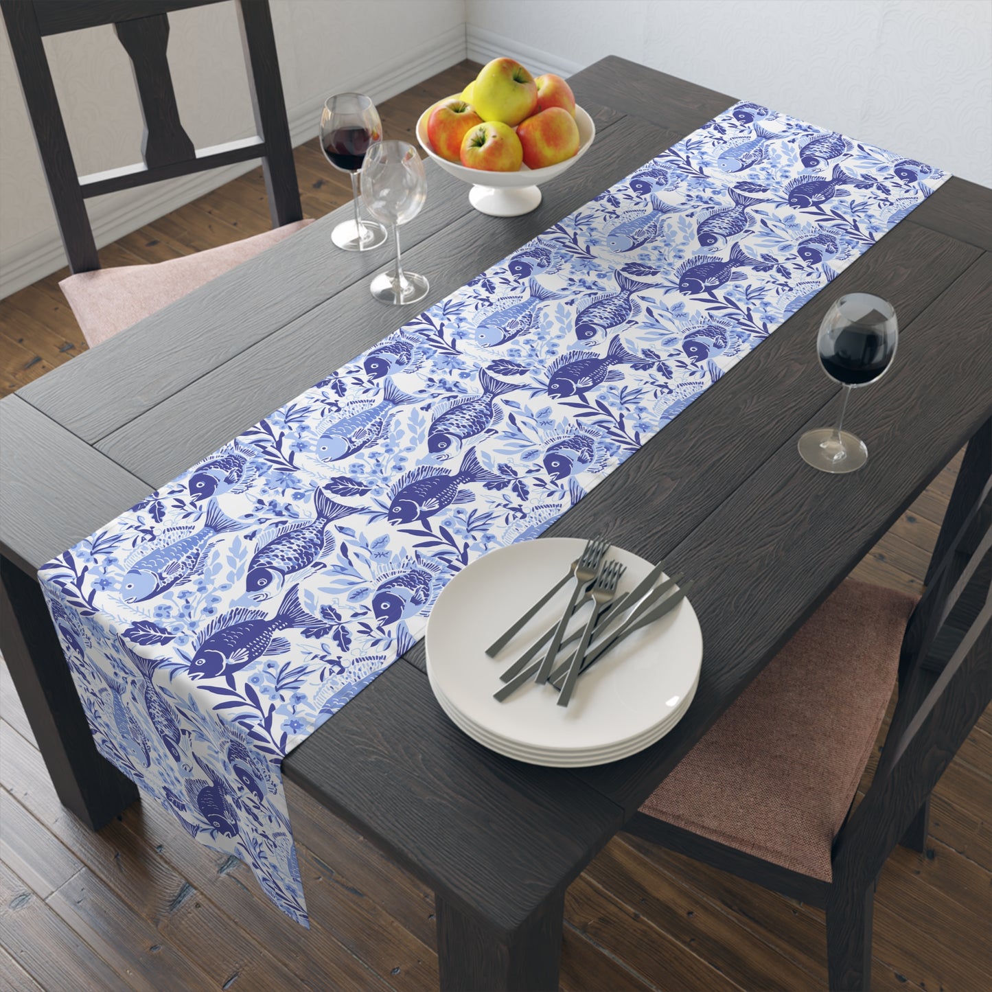Blue Fish Pattern Navy Table Runner — Coastal Cotton-Poly Dining Decor