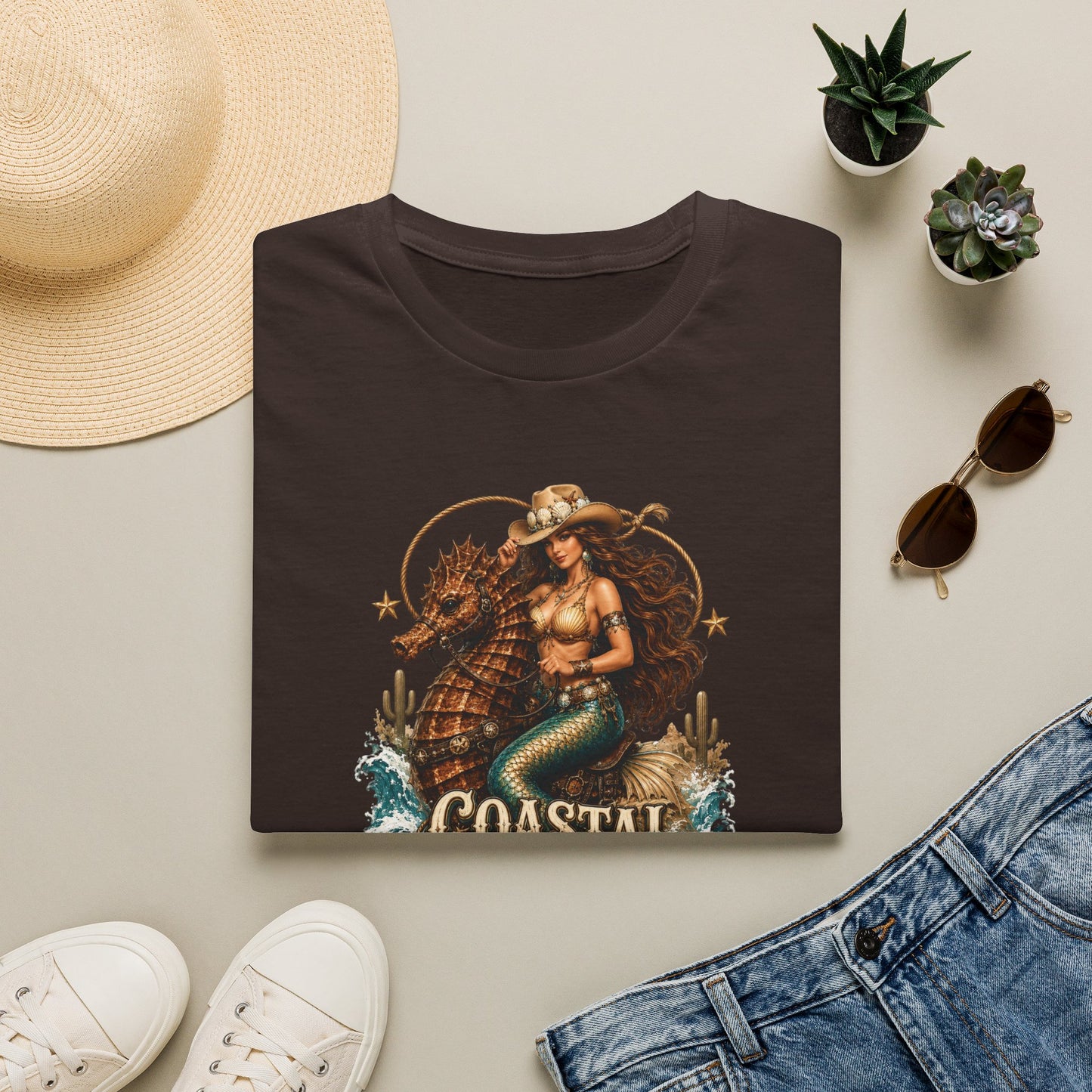 Coastal Cowgirl Mermaid T-Shirt — Western Beach Sea Horse Graphic Tee