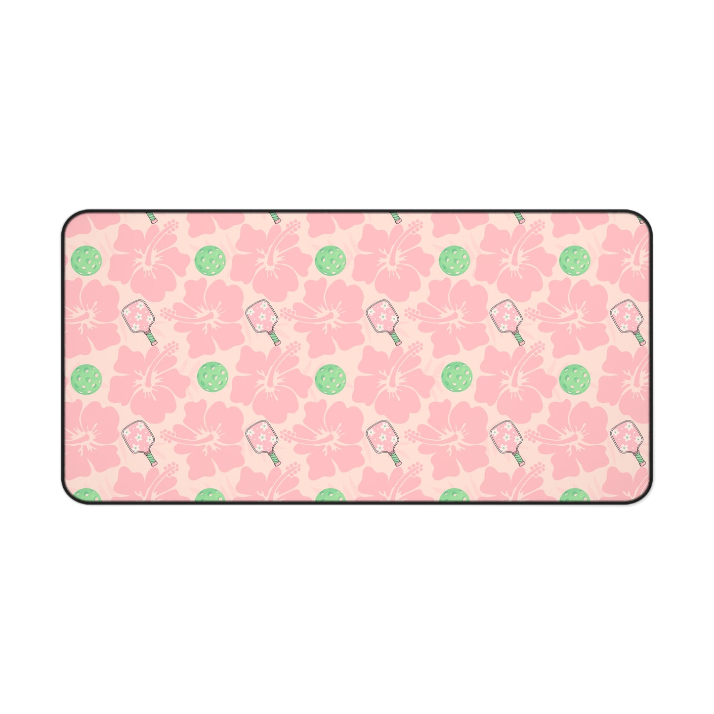 Pink and Green Pickleball Floral Desk Mat — Cute Hibiscus & Pickleball Pattern Mouse Pad