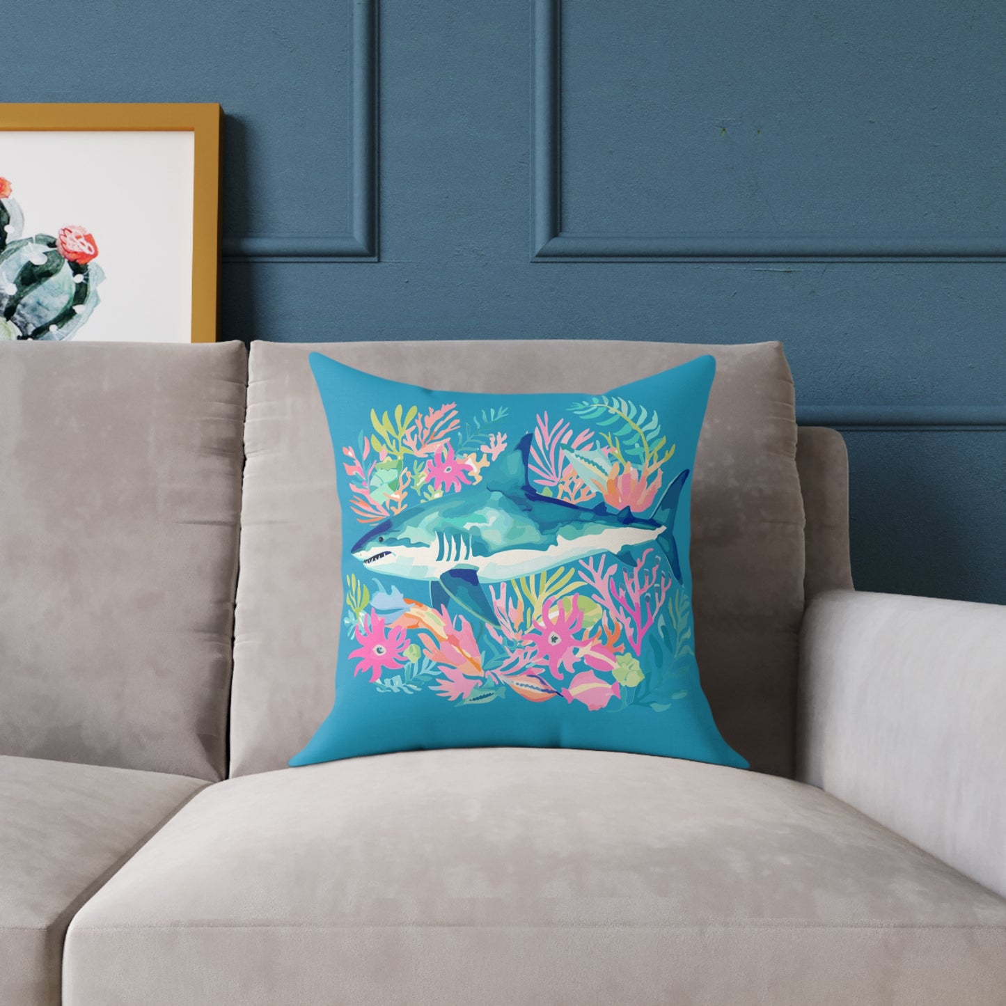 Shark Coral Square Throw Pillow — Tropical Ocean Floral Decorative Cushion