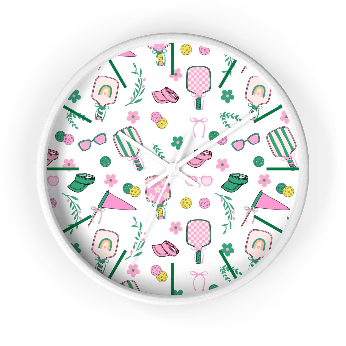 Preppy Pickleball Pattern Wall Clock – Cute Pink & Green Paddle Design
