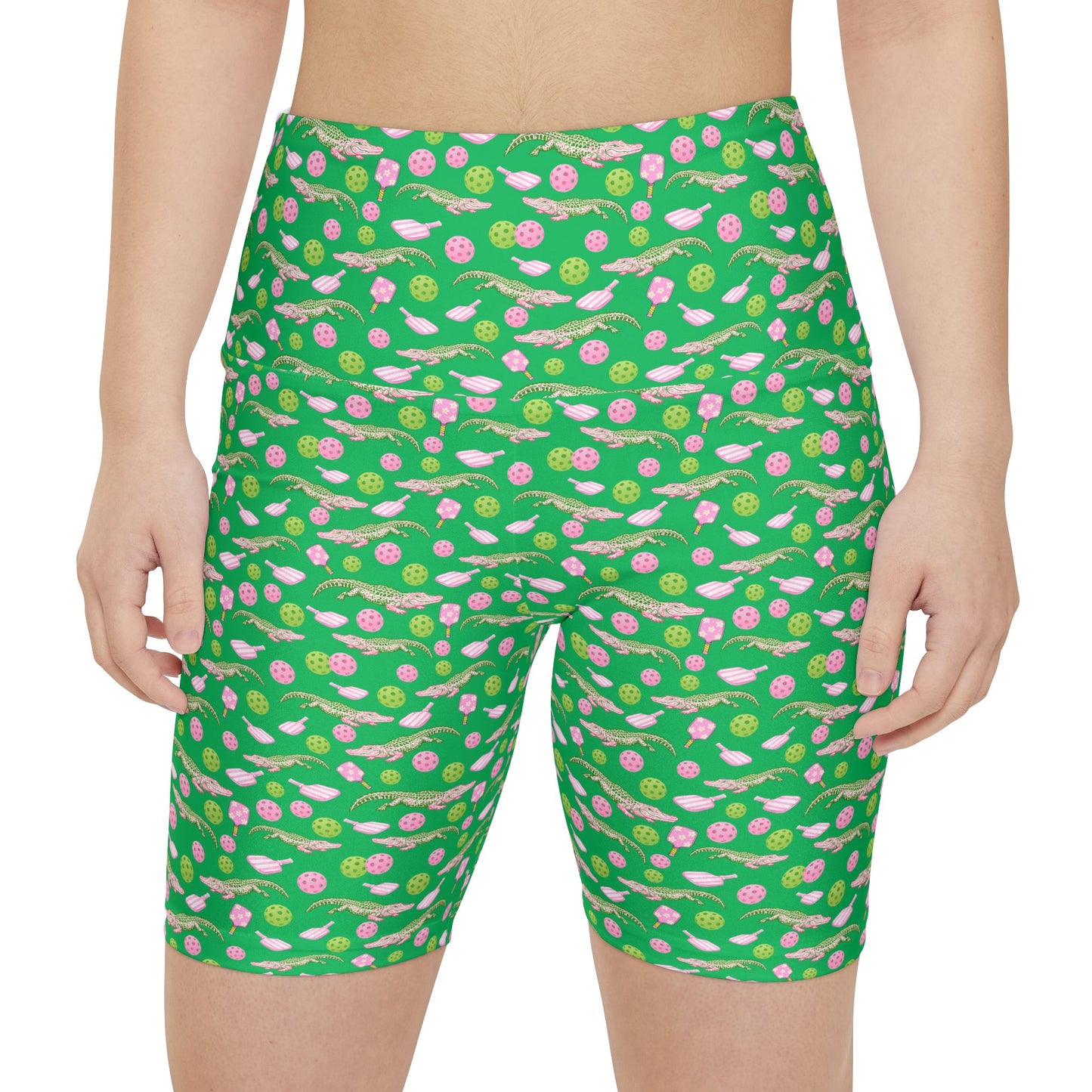 Green Alligator Pink Pickleball Print Bike Shorts – Women's High-Waist Workout Shorts