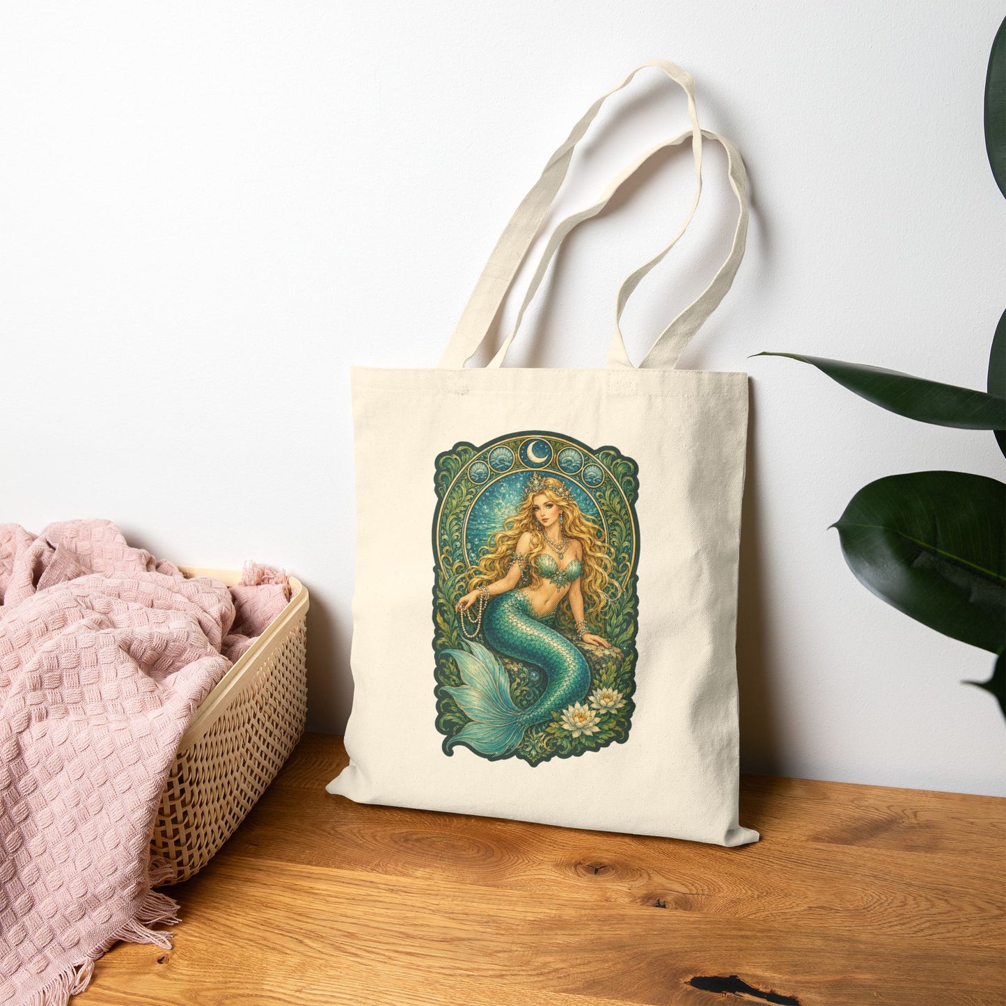 Mermaid Moon Canvas Tote Bag – Vintage Art Nouveau Sea Goddess Tote