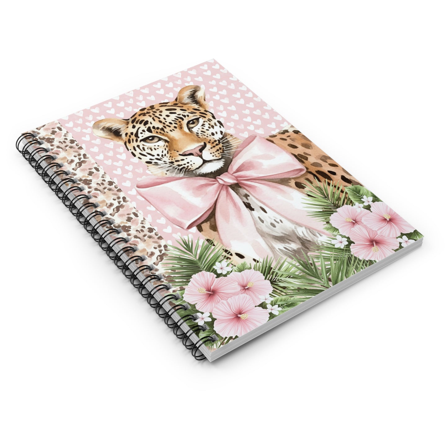 Grand Millennial Preppy Leopard Bow Spiral Notebook — Floral Pink Hearts Ruled Journal