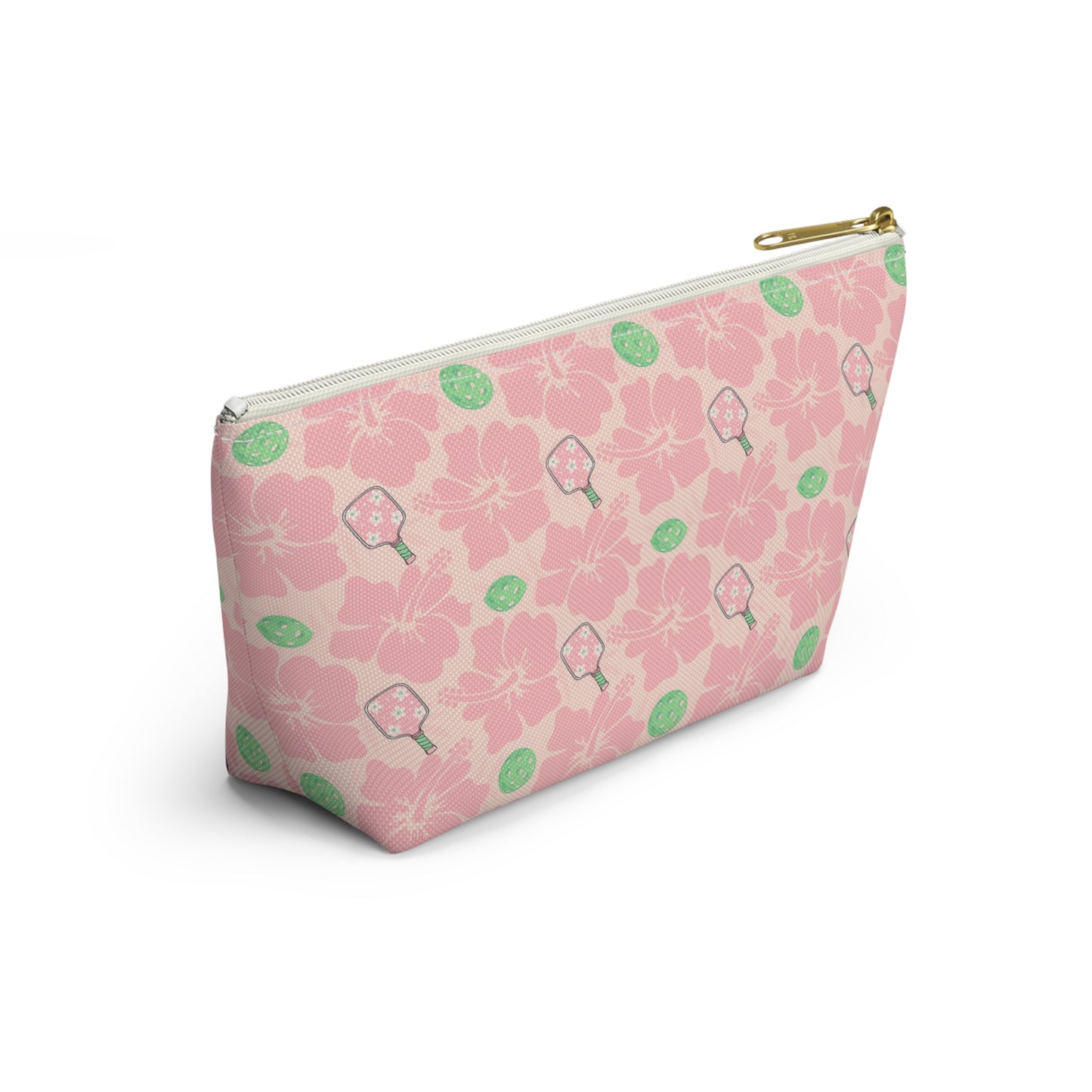 Pink Floral Pickleball Accessory Pouch — T‑Bottom Makeup Bag with Green Accents