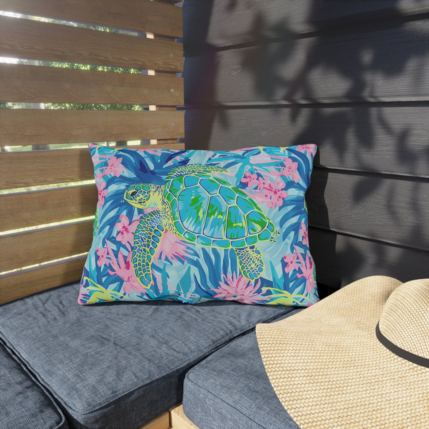 Sea Turtle Tropical Outdoor Pillow — Vibrant Coastal Patio Throw