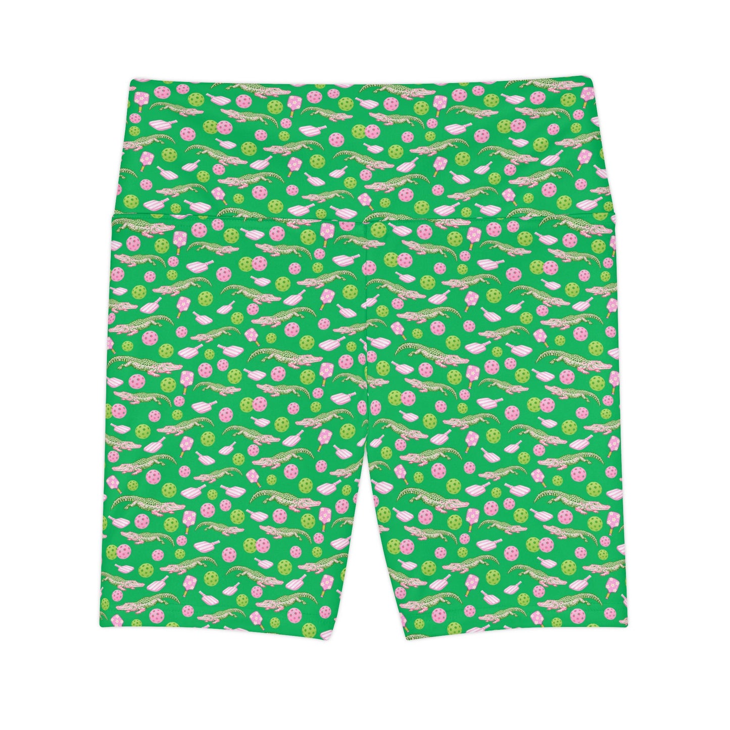 Green Alligator Pink Pickleball Print Bike Shorts – Women's High-Waist Workout Shorts