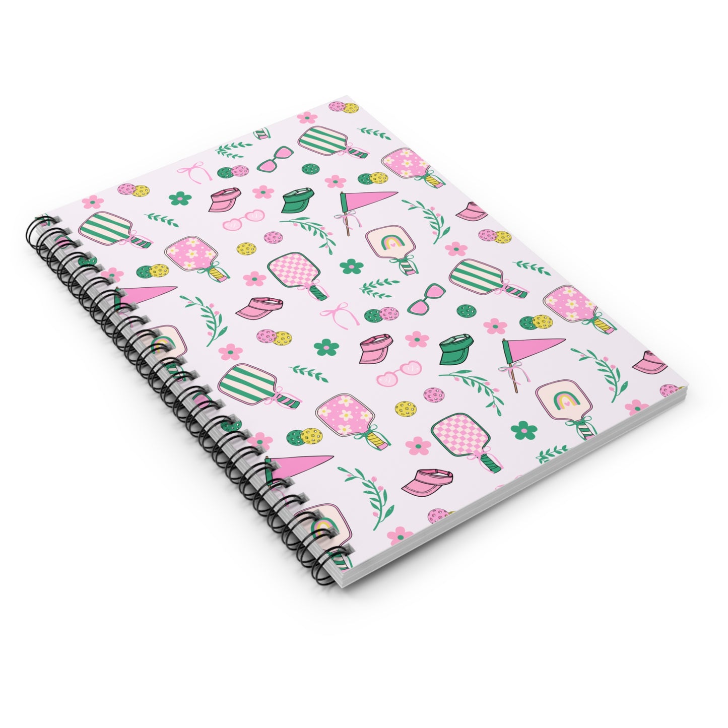 Summer Pickleball Pattern Spiral Notebook — Cute Pink Ruled Journal