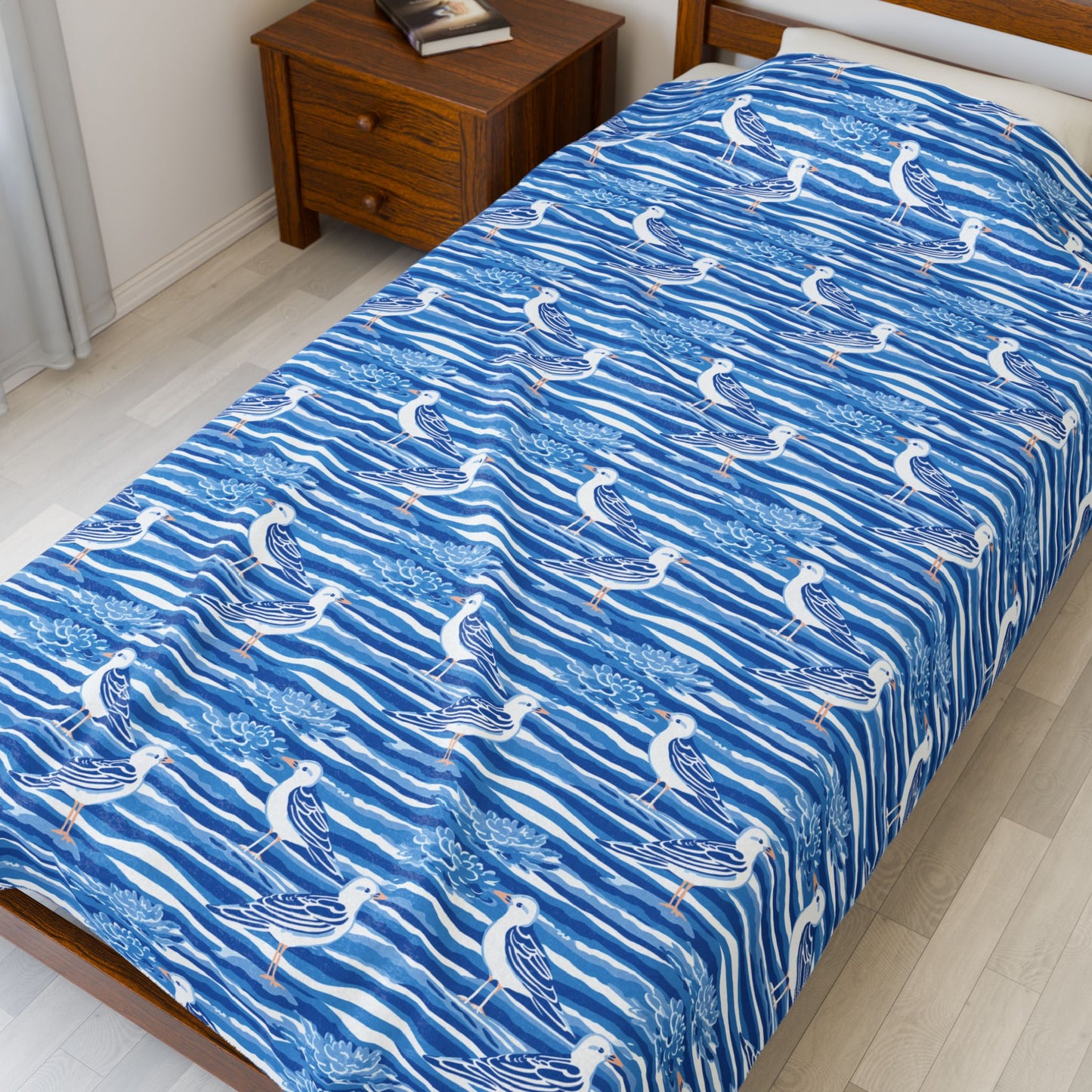 Blue Seagull Velveteen Plush Blanket – Coastal Nautical Throw