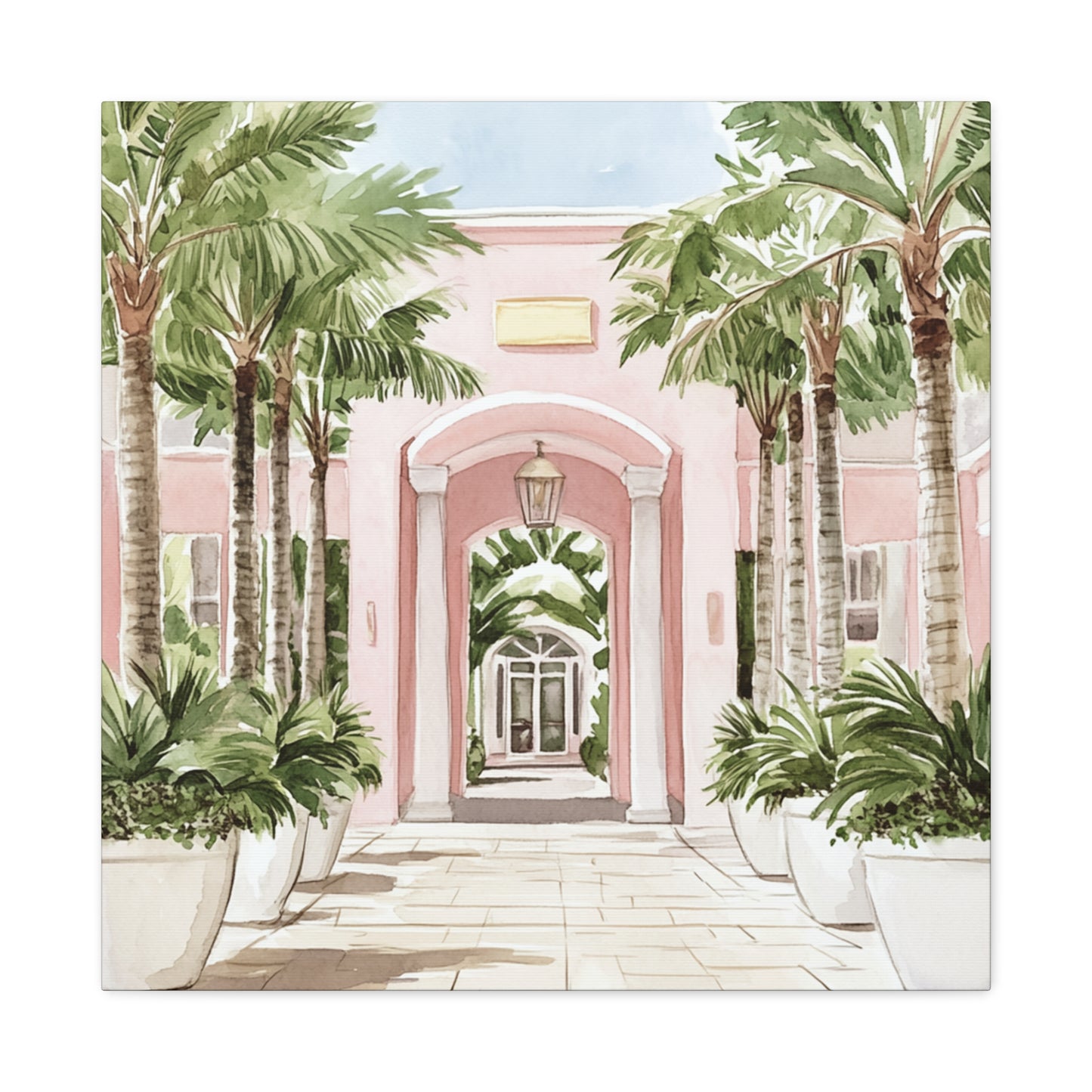 Tropical Pink Archway Canvas Wall Art — Coastal Palm Palmistry Matte Stretched Print