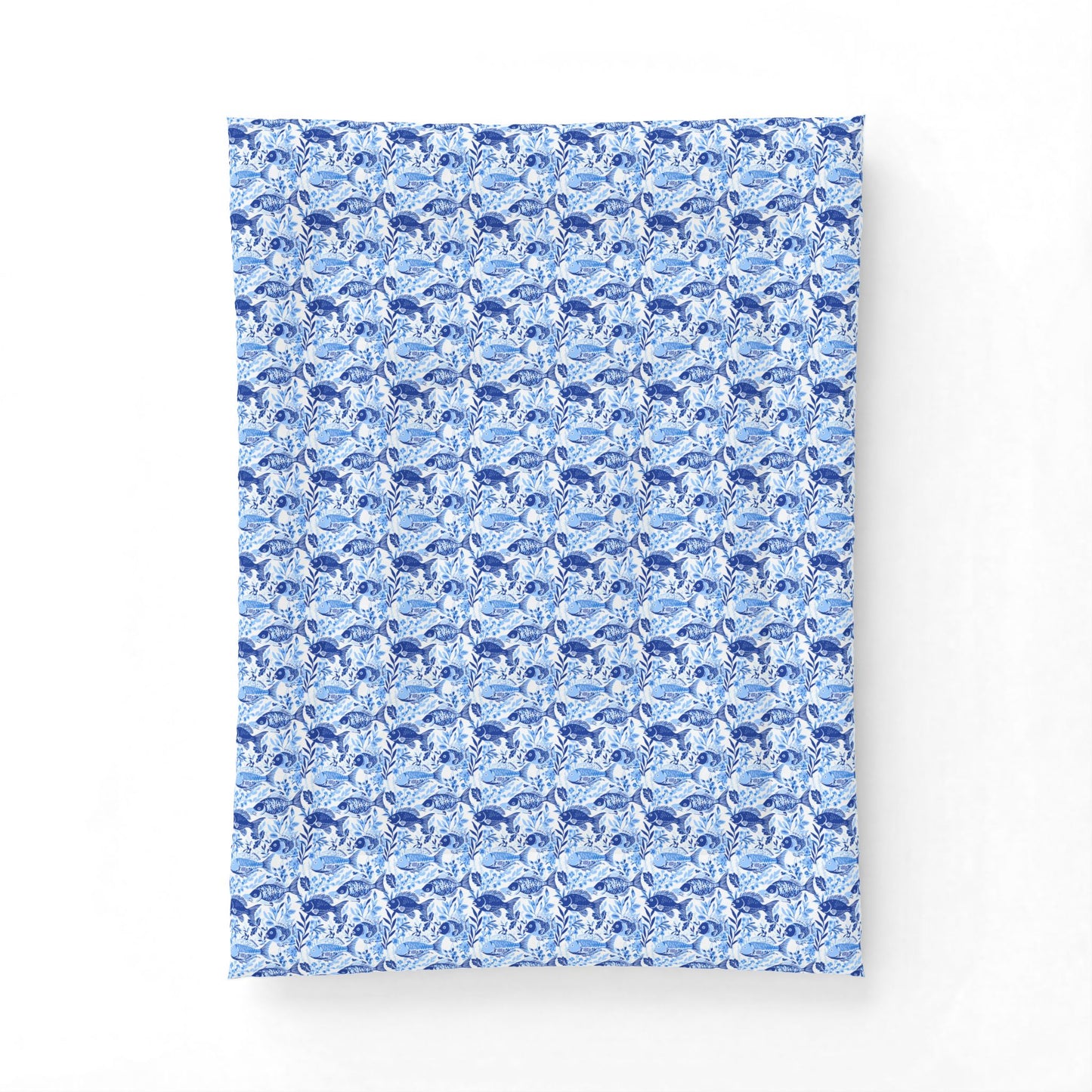 Blue Watercolor Fish Comforter — Lightweight Cotton Bedspread with Chinoiserie Style Floral Pattern
