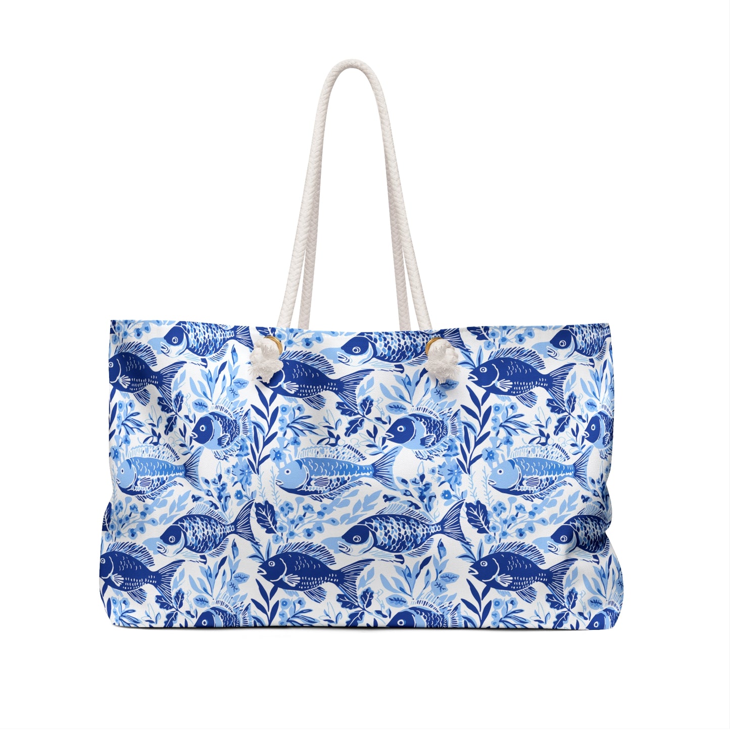 Fish Pattern Weekender Bag — Blue Nautical Overnight Tote