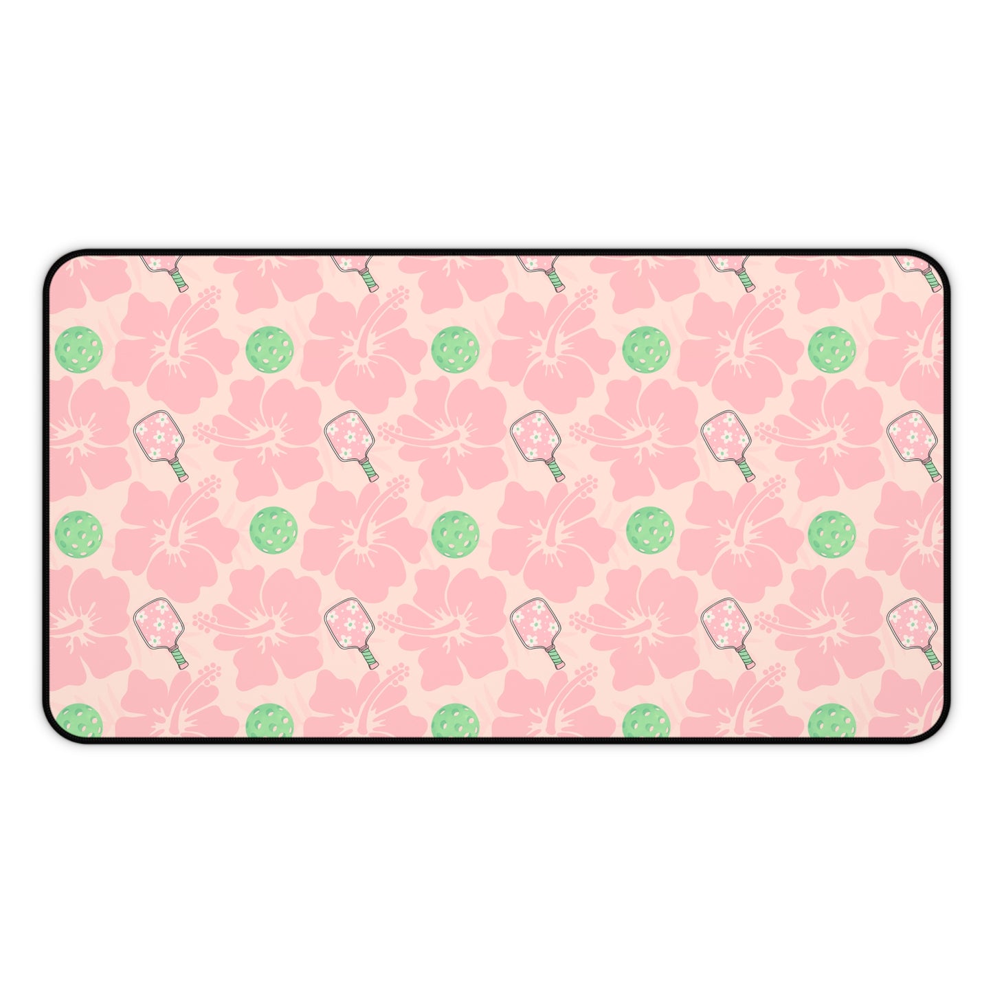 Pink and Green Pickleball Floral Desk Mat — Cute Hibiscus & Pickleball Pattern Mouse Pad