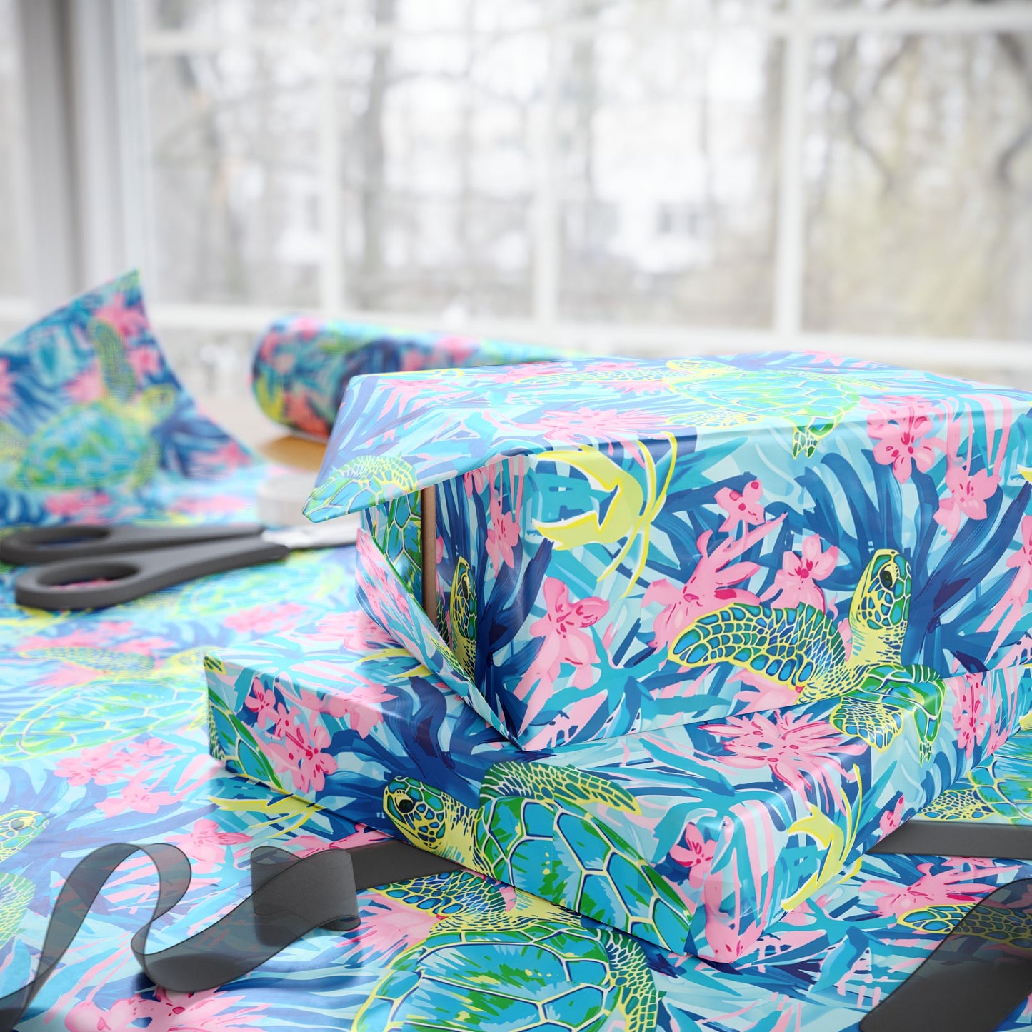 Gift Wrap Tropical Floral Sea Turtle Wrapping Paper, Vibrant Gift Wrap, Eco-Friendly Wrapping, Birthday, Holiday, Party Decor
