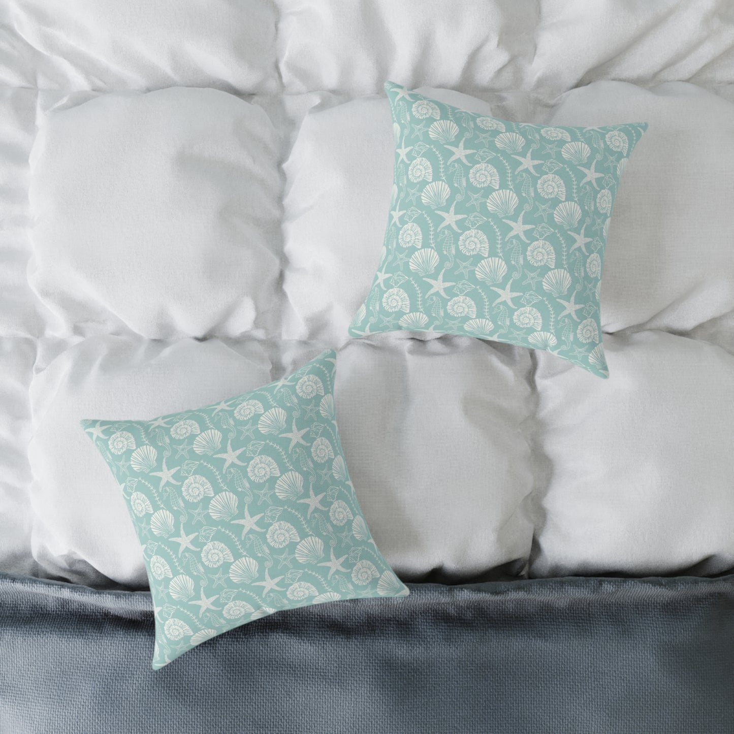 Seashells & Starfish Coastal Throw Pillow — Aqua Beach Pattern