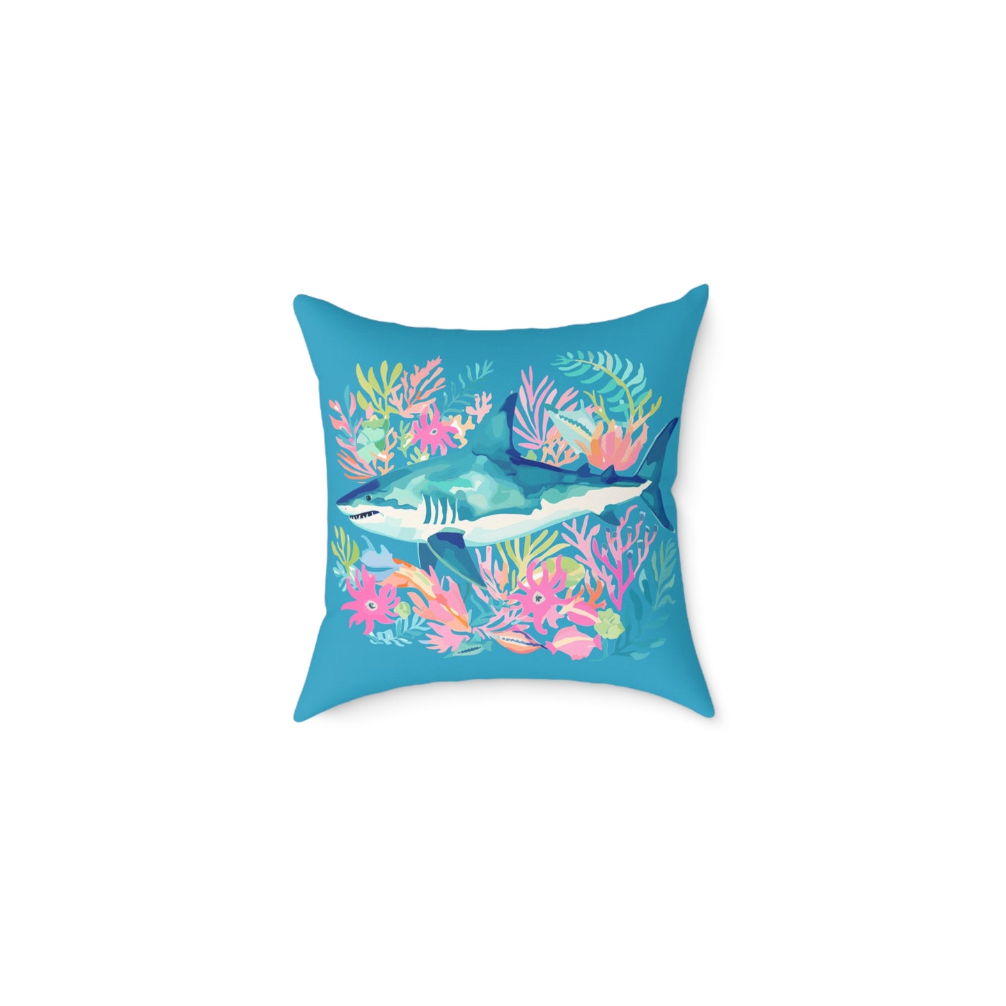Shark Coral Square Throw Pillow — Tropical Ocean Floral Decorative Cushion