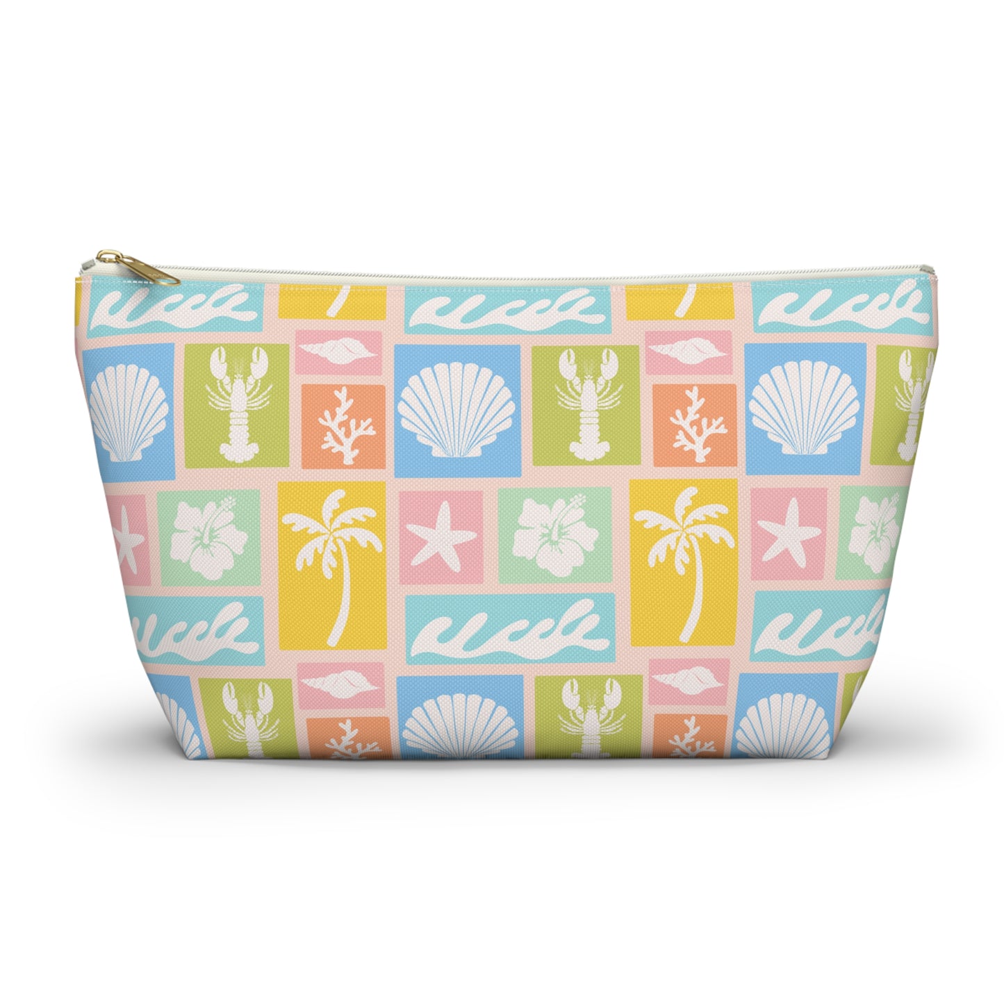 Seaside Patchwork Accessory Pouch — Pastel Beach Shell & Palm Makeup Bag