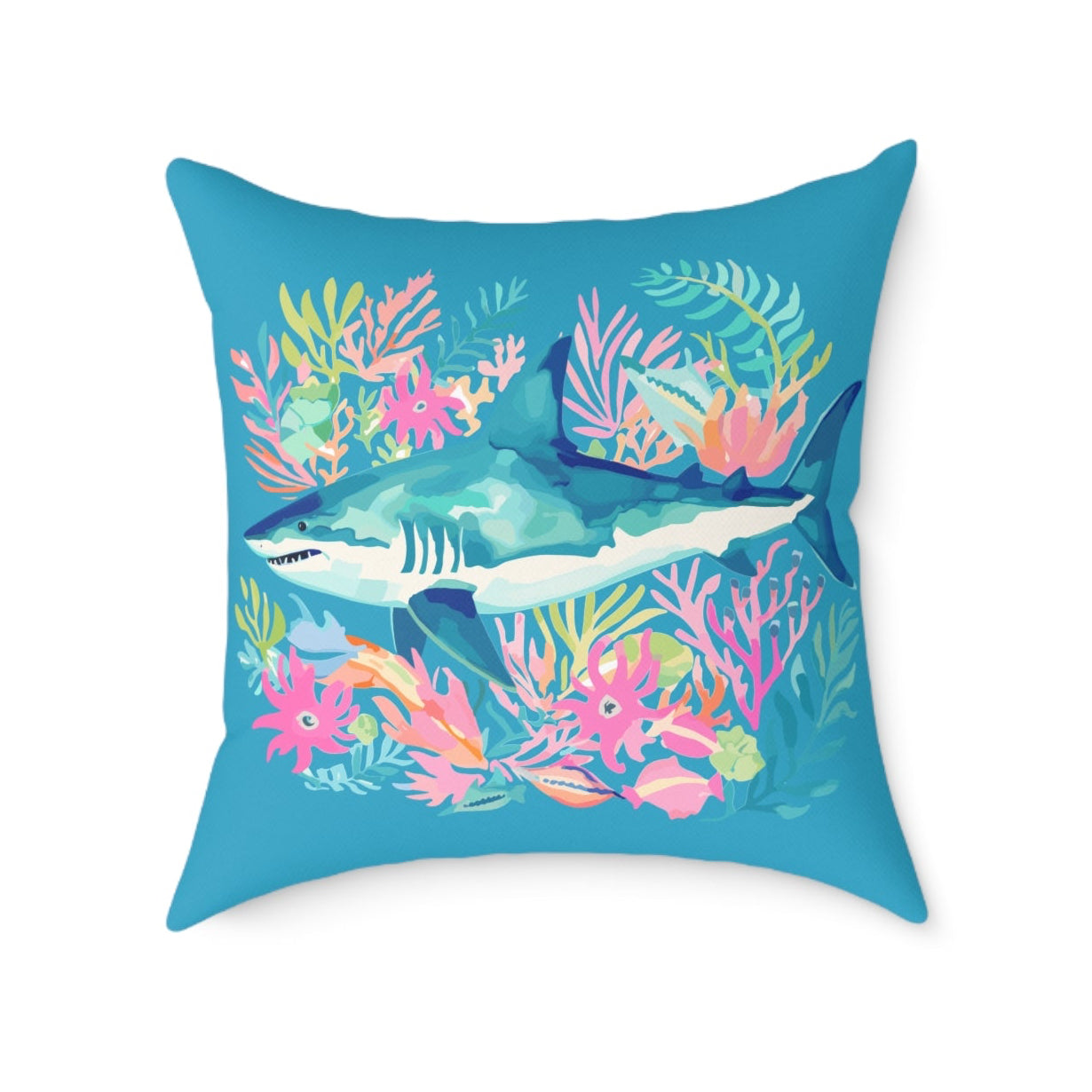 Shark Coral Square Throw Pillow — Tropical Ocean Floral Decorative Cushion