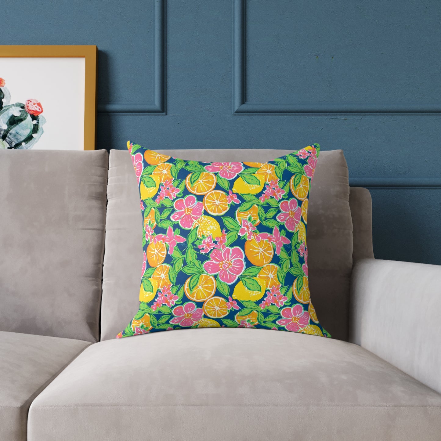 Citrus Blossom Square Pillow — Bright Tropical Floral Throw Cushion