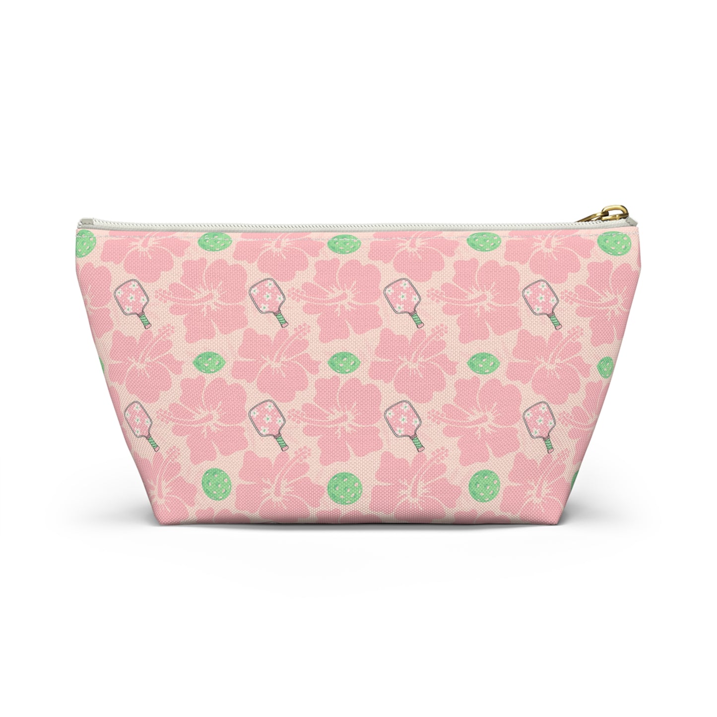 Pink Floral Pickleball Accessory Pouch — T‑Bottom Makeup Bag with Green Accents