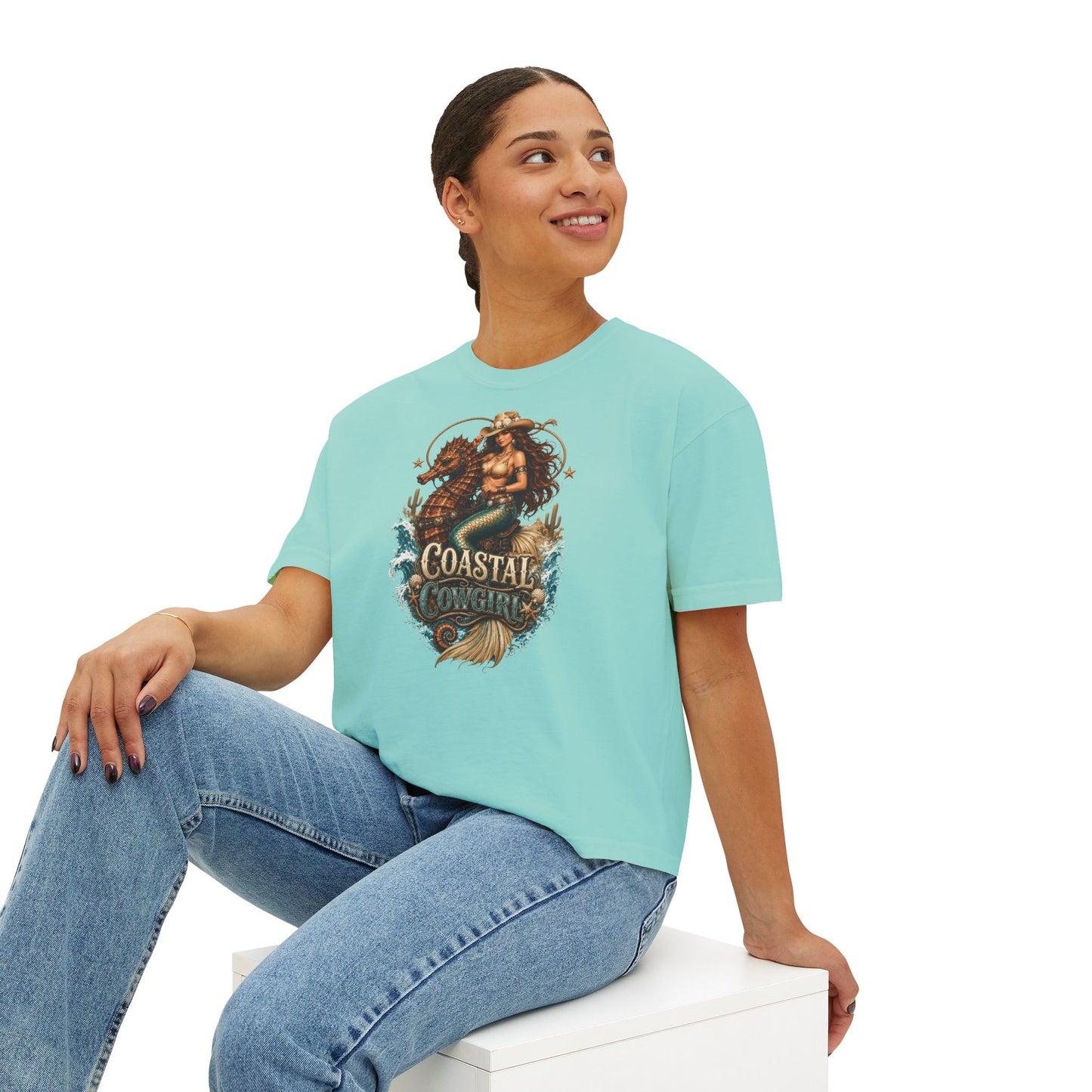 Coastal Cowgirl Women's Boxy Tee — Graphic Mermaid Cowgirl Beach Shirt