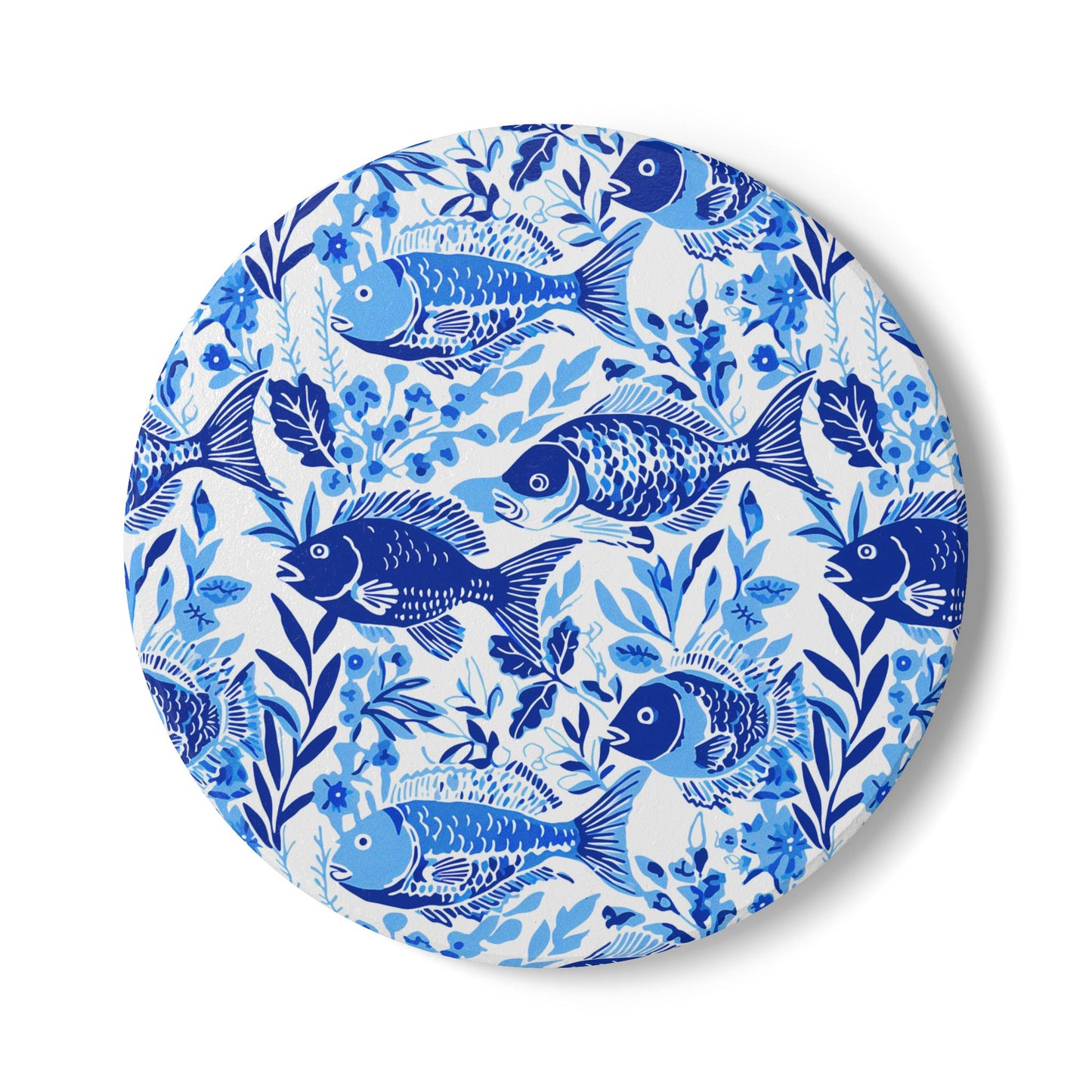 Blue Fish Toile Ceramic Coaster — Coastal Blue Seafood Pattern Drink Coaster