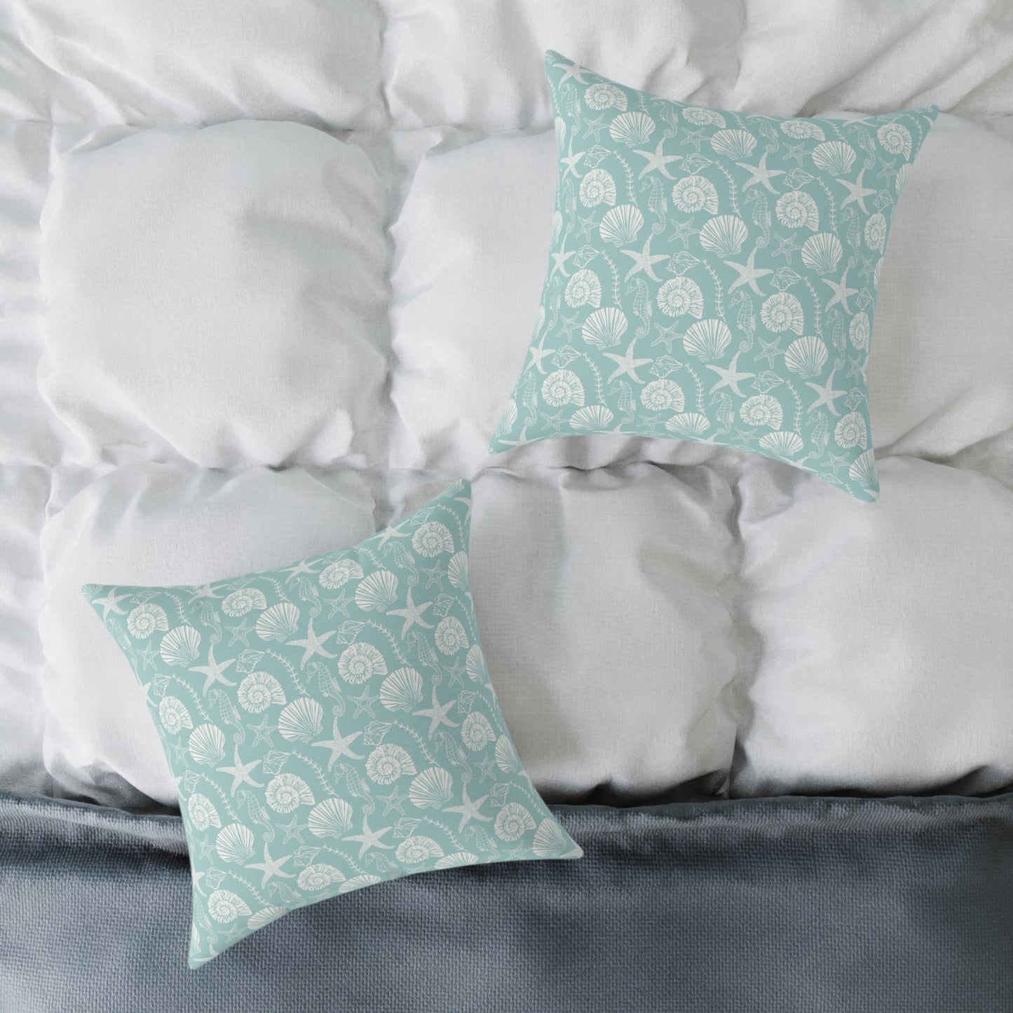 Seashells & Starfish Coastal Throw Pillow — Aqua Beach Pattern