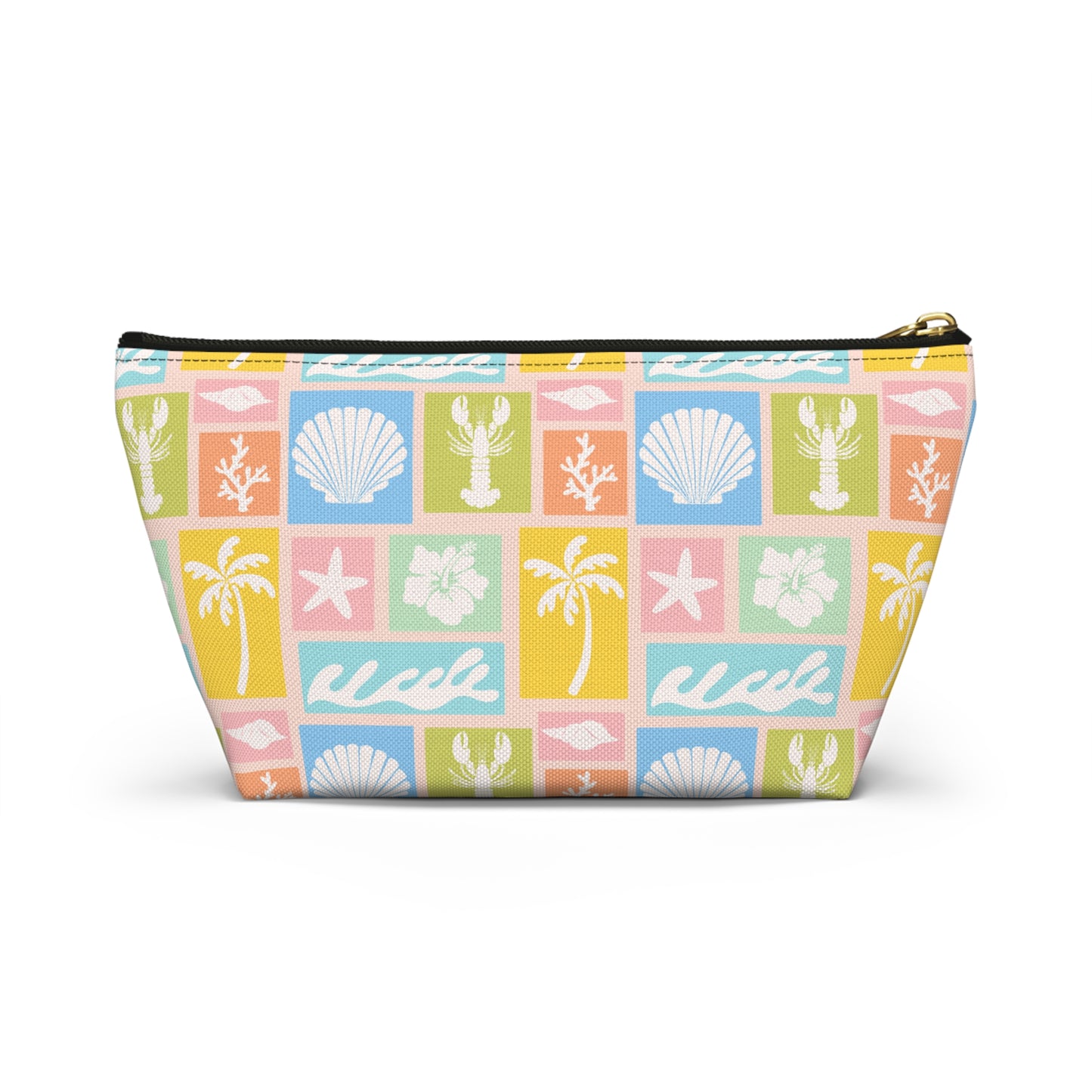 Seaside Patchwork Accessory Pouch — Pastel Beach Shell & Palm Makeup Bag